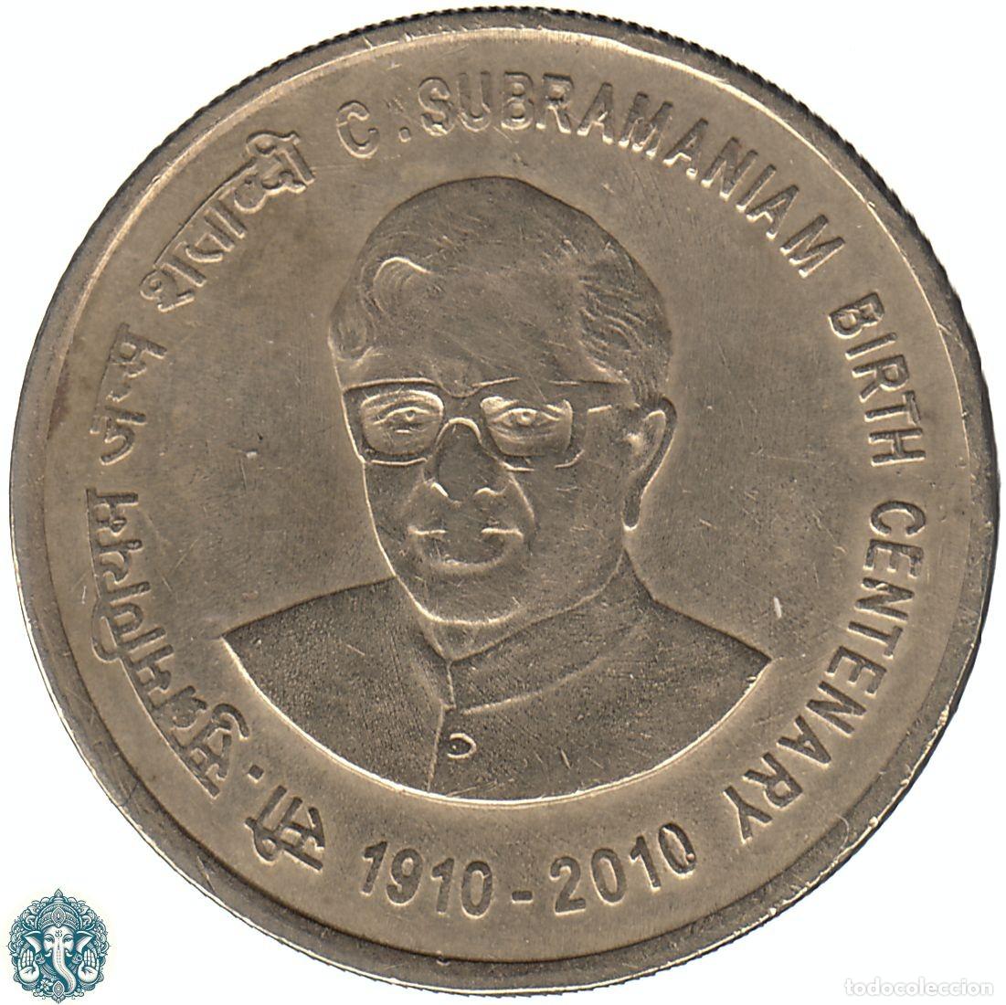Monedas antiguas de Asia: INDIA 5 Rupias 2010 Ceca Calcuta 100&ordm; Aniversario - Nacimiento de Chidambaram KM#377