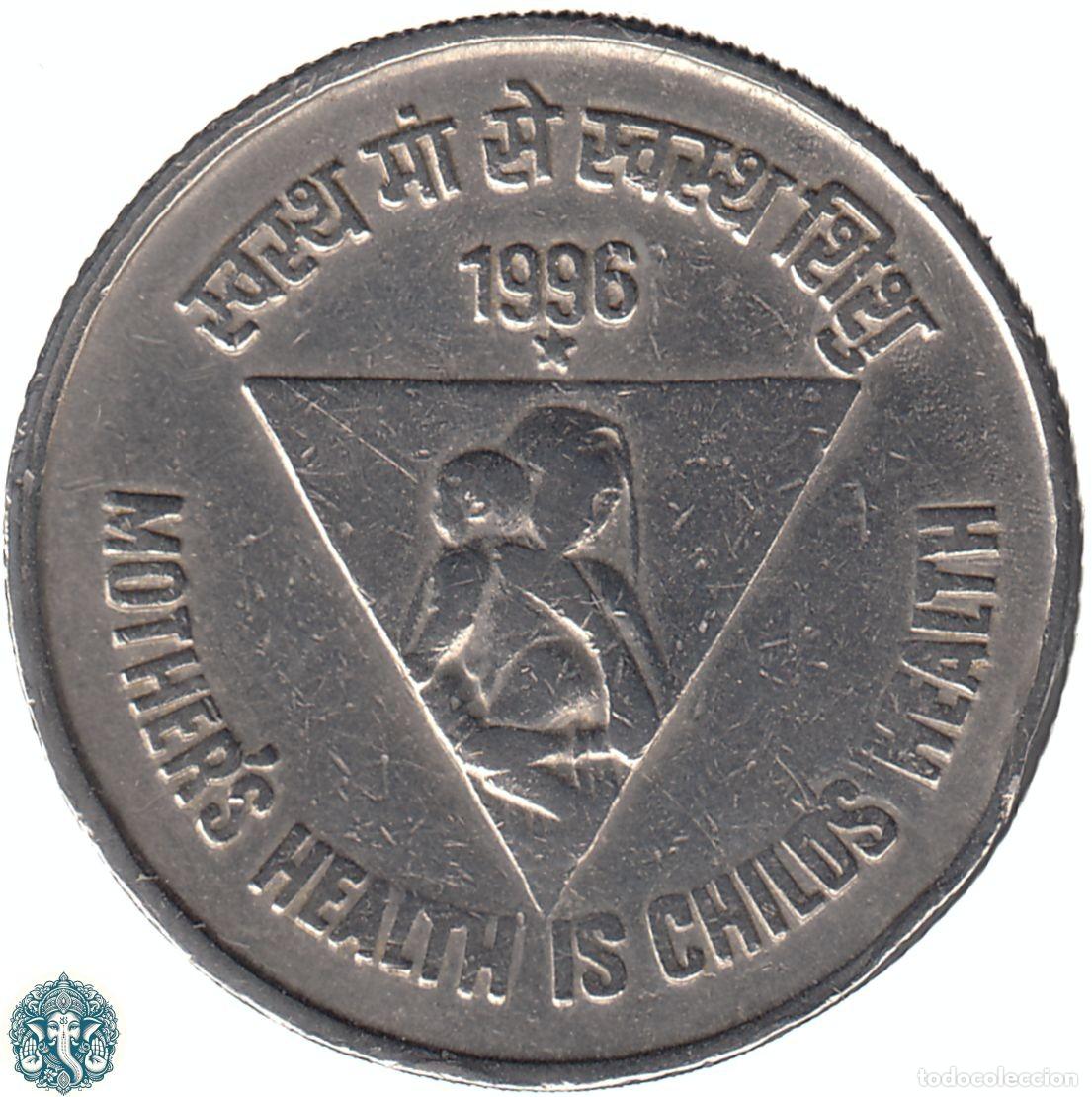 Monedas antiguas de Asia: INDIA 5 Rupias 1996 Ceca ☆ Hyderabad La salud de la madre es la salud del ni&ntilde;o KM#159