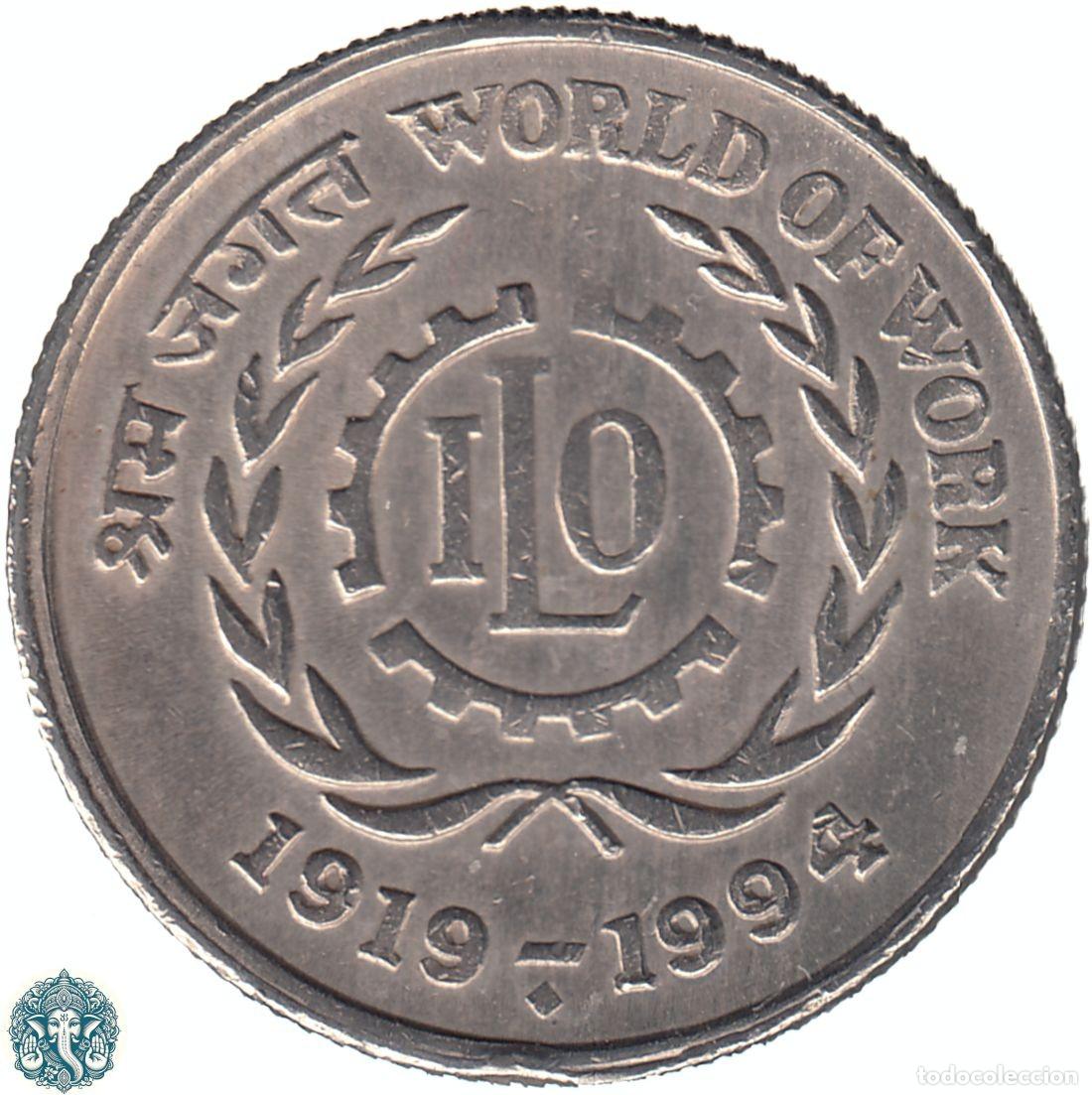 Monedas antiguas de Asia: INDIA 5 Rupias 1994 Ceca &diams; Bombay Organizaci&oacute;n Internacional del Trabajo KM#155.1 canto de seguridad