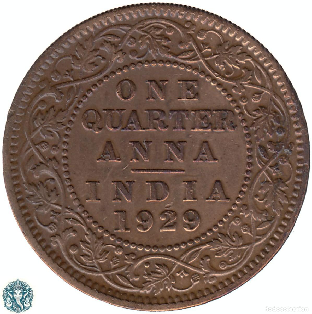 Monedas antiguas de Asia: INDIA BRIT&Aacute;NICA &frac14; Un cuarto de Anna 1929 Jorge V KM#512