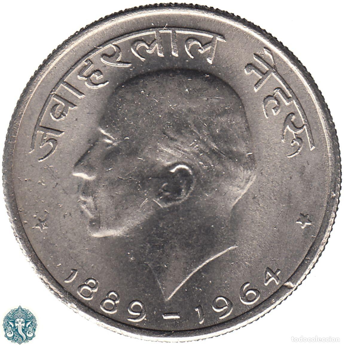 Monedas antiguas de Asia: INDIA 50 Paise 1964 Ceca &diams; Bombay Muerte de Jawaharlal Nehru (Leyenda en Hindi) KM#57