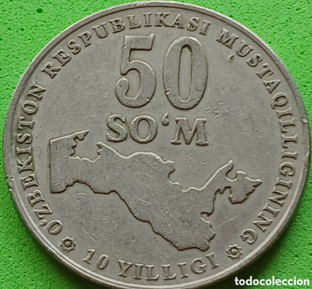 Monedas antiguas de Asia: Uzbekist&aacute;n 50 so'm 2001 km#15 Independencia de Uzbekist&aacute;n/ 6 gramos