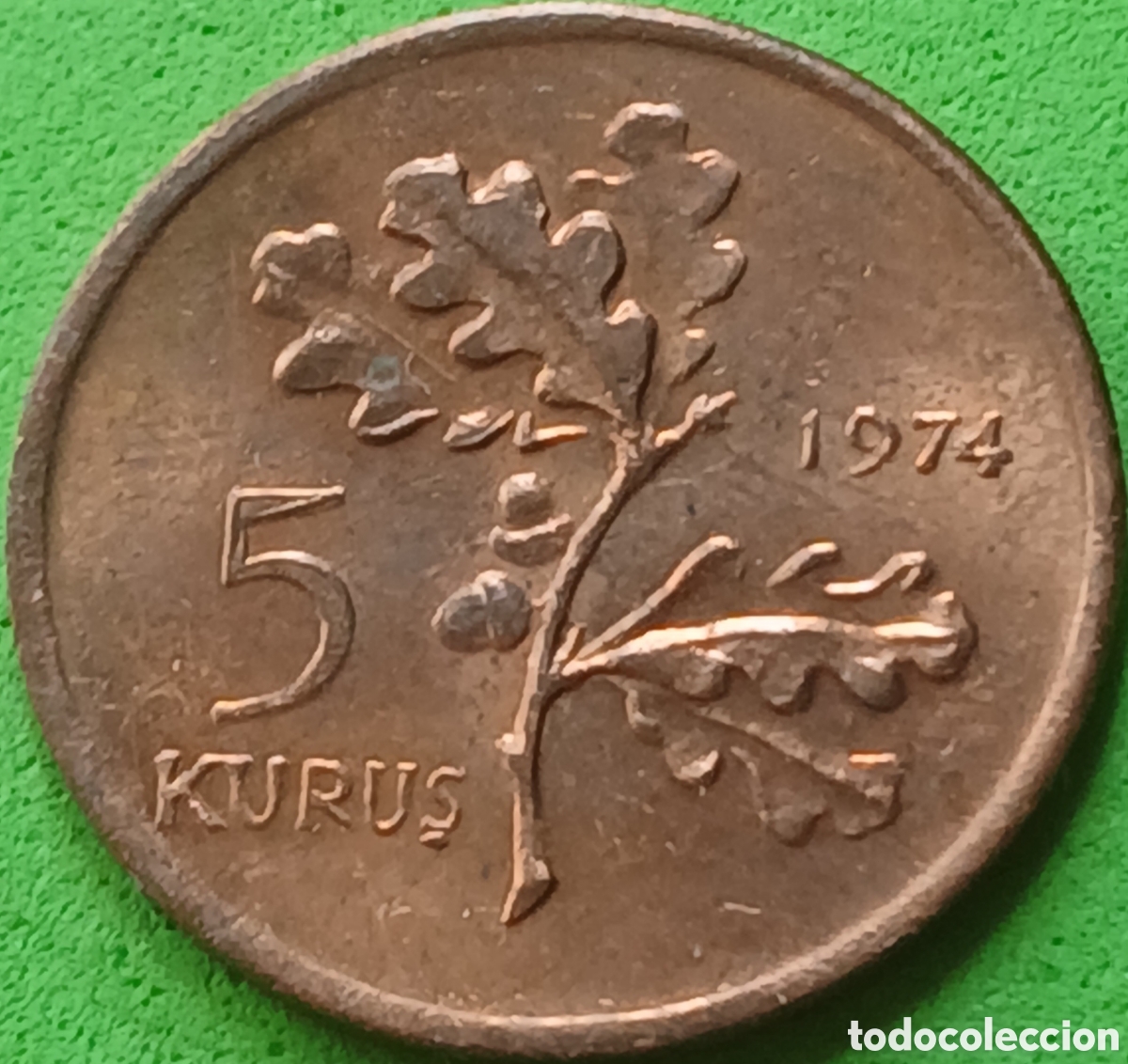 Monedas antiguas de Asia: Turqu&iacute;a 5 kurus 1974 km#890.3 Leaf ( con bellota)