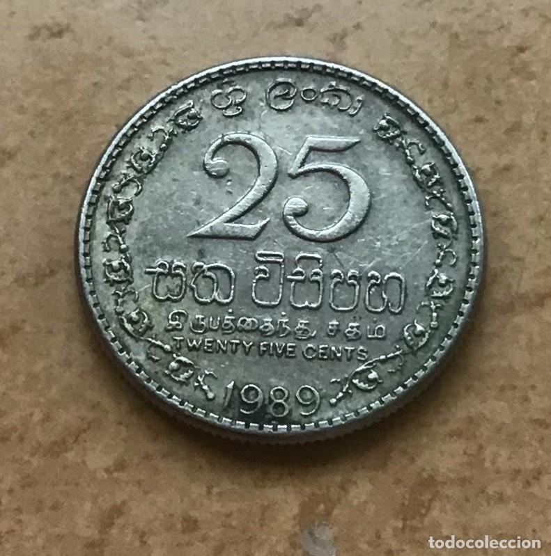 Monedas antiguas de Asia: 25 centavos de Sri Lanka (Ceil&aacute;n). A&ntilde;o 1989