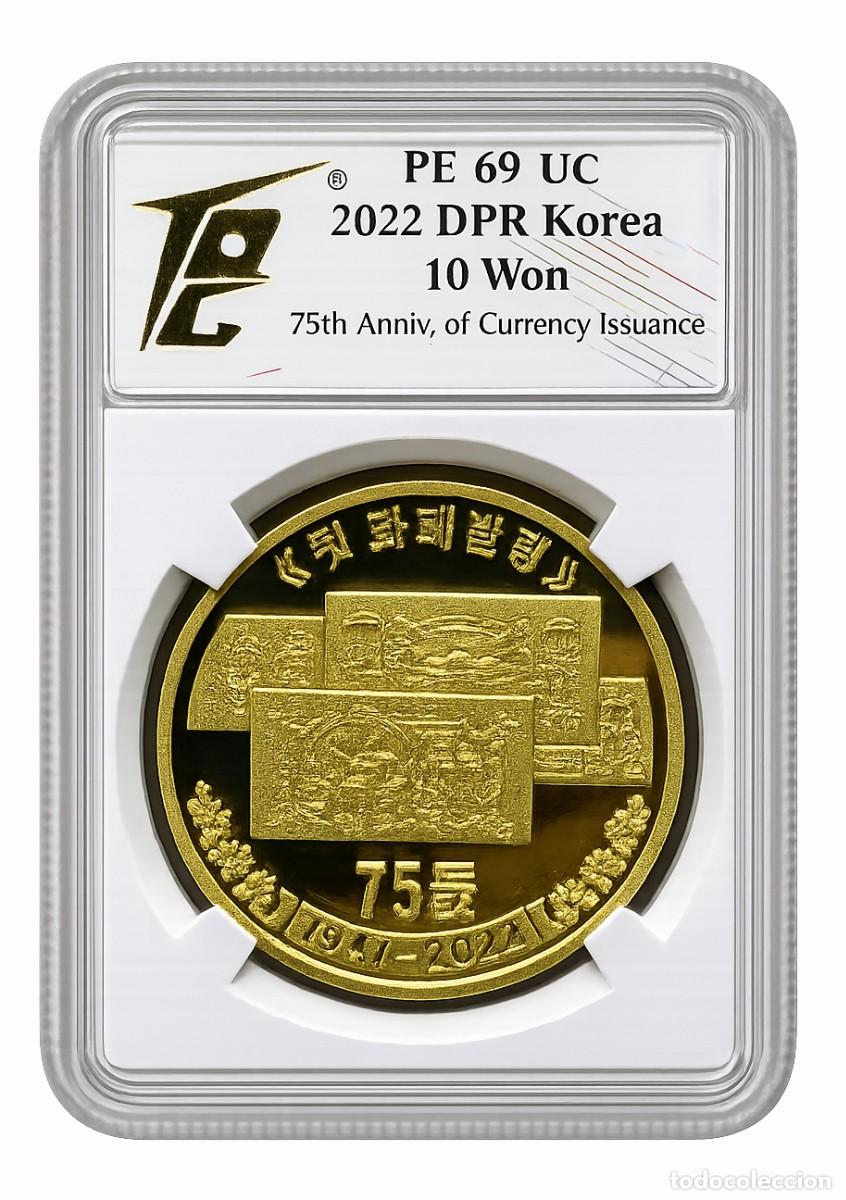 Monedas antiguas de Asia: *** RAROS 10 WON DE KOREA DEL NORTE. 2022 75th Anniv of Currency issuance. BRONCE DORADO ***