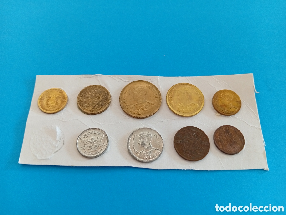 Monedas antiguas de Asia: Lote de 9 monedas de Tailandia pegadas