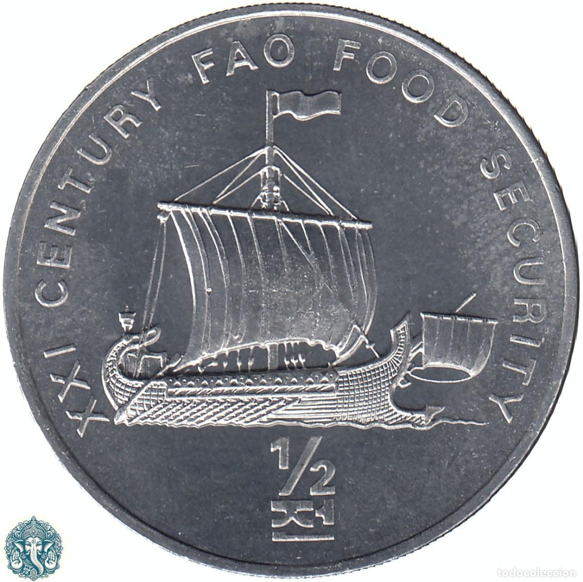 Monedas antiguas de Asia: COREA DEL NORTE &frac12; Chon 2002 Barco fenicio KM#191