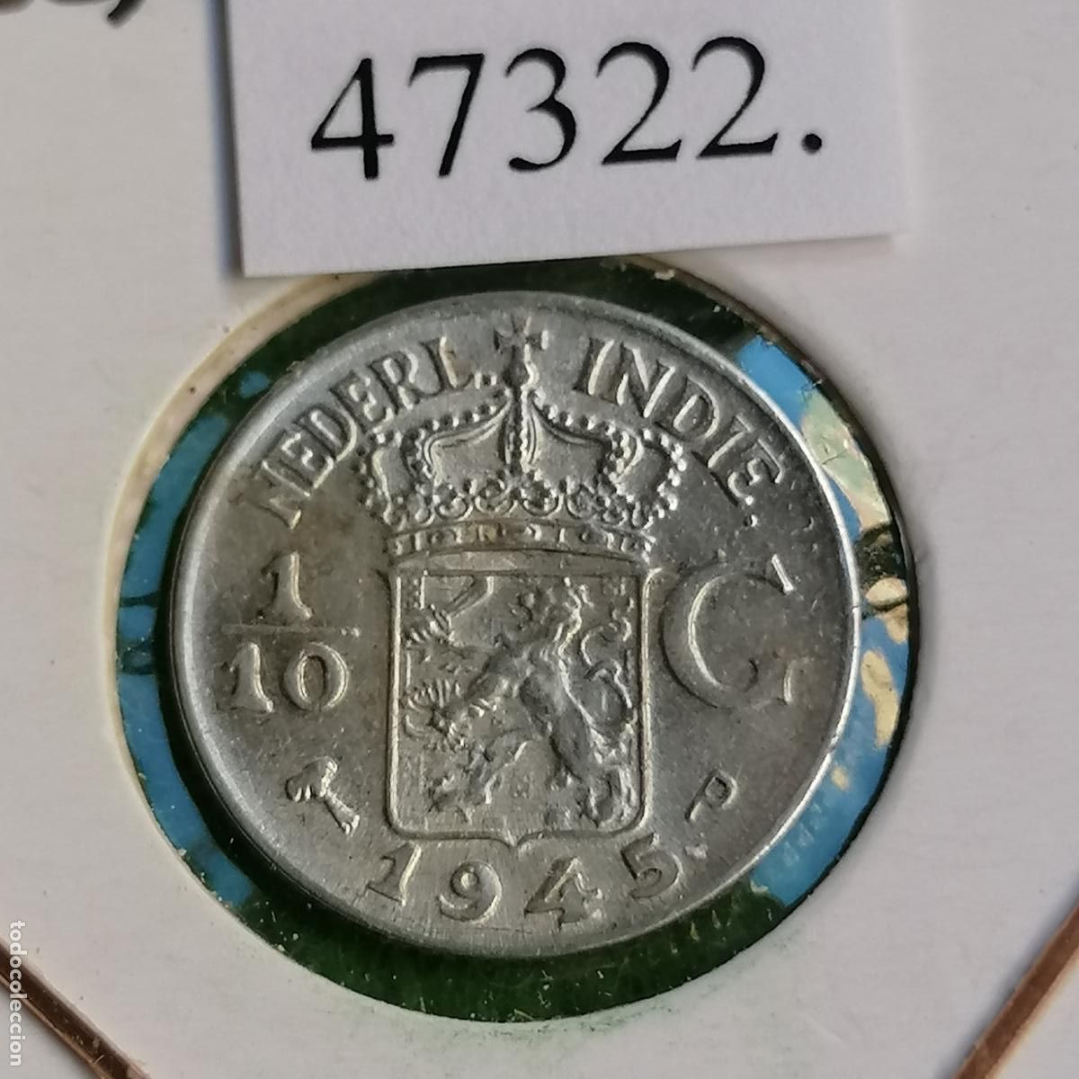 Monedas antiguas de Asia: Indias Orientales Holandesas, 1945 P, plata, 1/10 de Gulden (flor&iacute;n), hoy Indonesia
