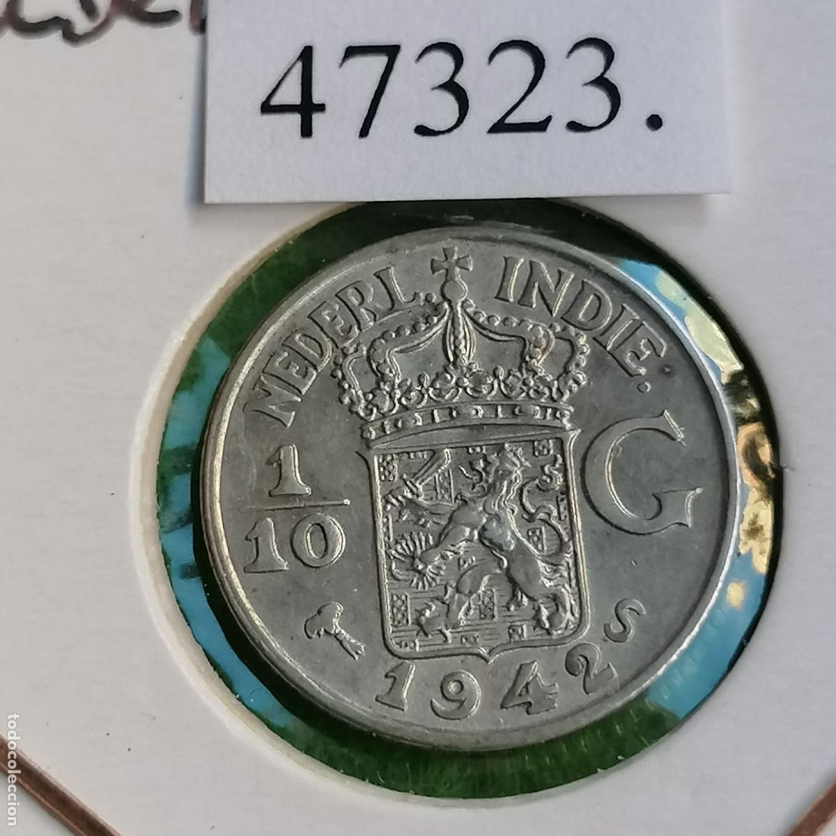 Monedas antiguas de Asia: Indias Orientales Holandesas, 1942 S, plata, 1/10 de Gulden (flor&iacute;n), hoy Indonesia