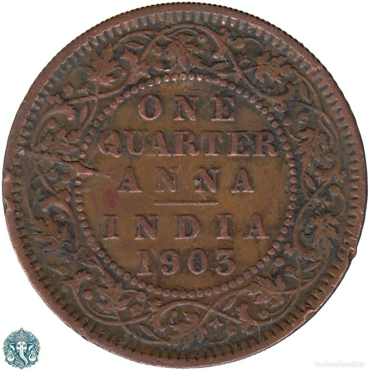 Monedas antiguas de Asia: INDIA BRIT&Aacute;NICA &frac14; Un cuarto de Anna 1903 Ceca Calcuta Eduardo VII KM#501