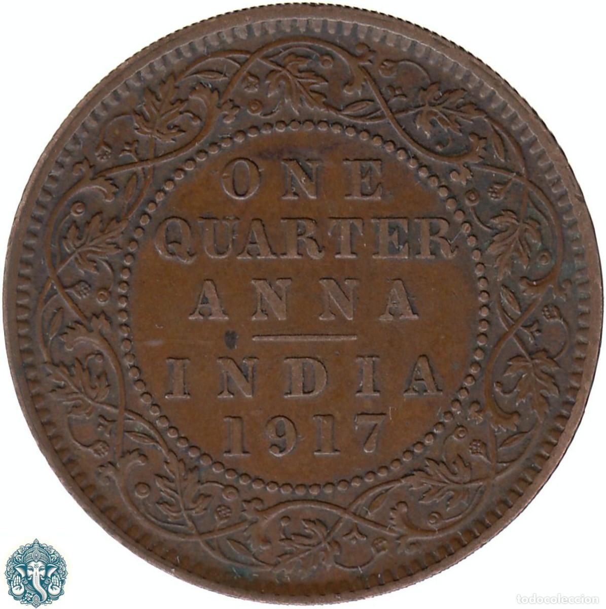Monedas antiguas de Asia: INDIA BRIT&Aacute;NICA &frac14; Un cuarto de Anna 1917 Ceca Calcuta Jorge V KM#512
