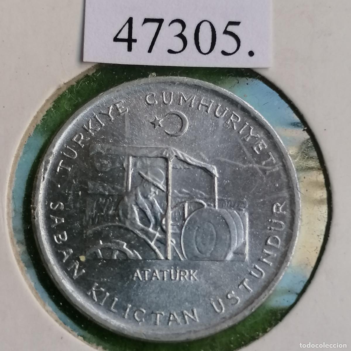 Monedas antiguas de Asia: Turqu&iacute;a, 10 kurus, 1975, Atat&uuml;rk en tractor, FAO, Aluminio, Turk&iacute;a, T&uuml;rkiye,