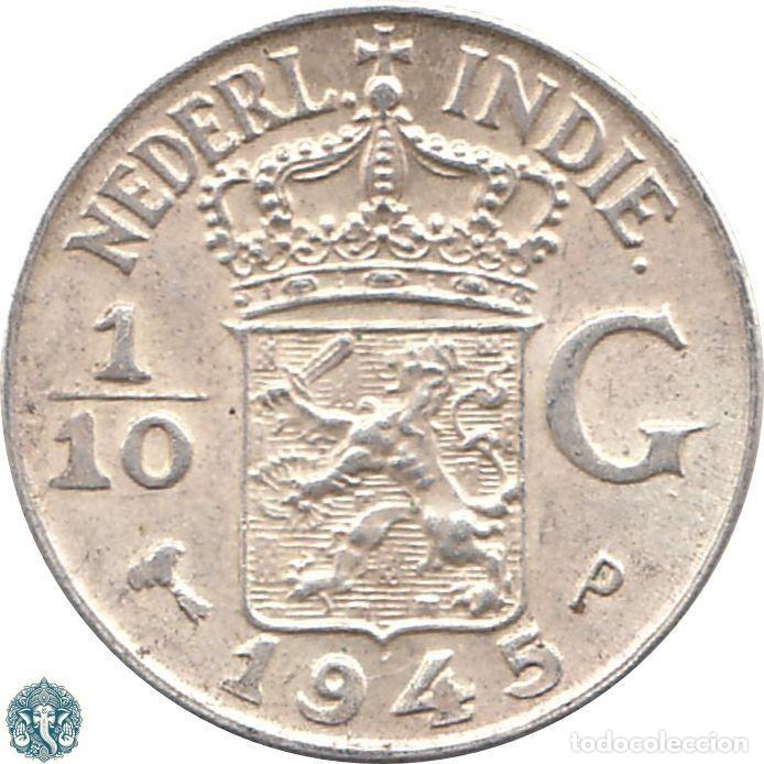 Monedas antiguas de Asia: INDIAS ORIENTALES NEERLANDESAS 1/10 florines 1/10 Gulden 1945 Ceca P KM#318 HOLANDESAS Plata .720