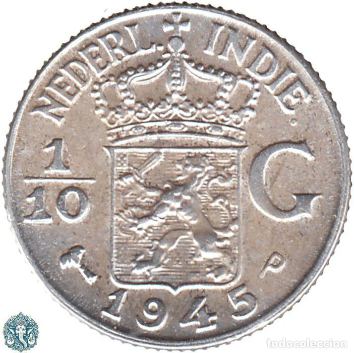 Monedas antiguas de Asia: INDIAS ORIENTALES NEERLANDESAS 1/10 florines 1/10 Gulden 1945 Ceca P KM#318 HOLANDESAS Plata .720