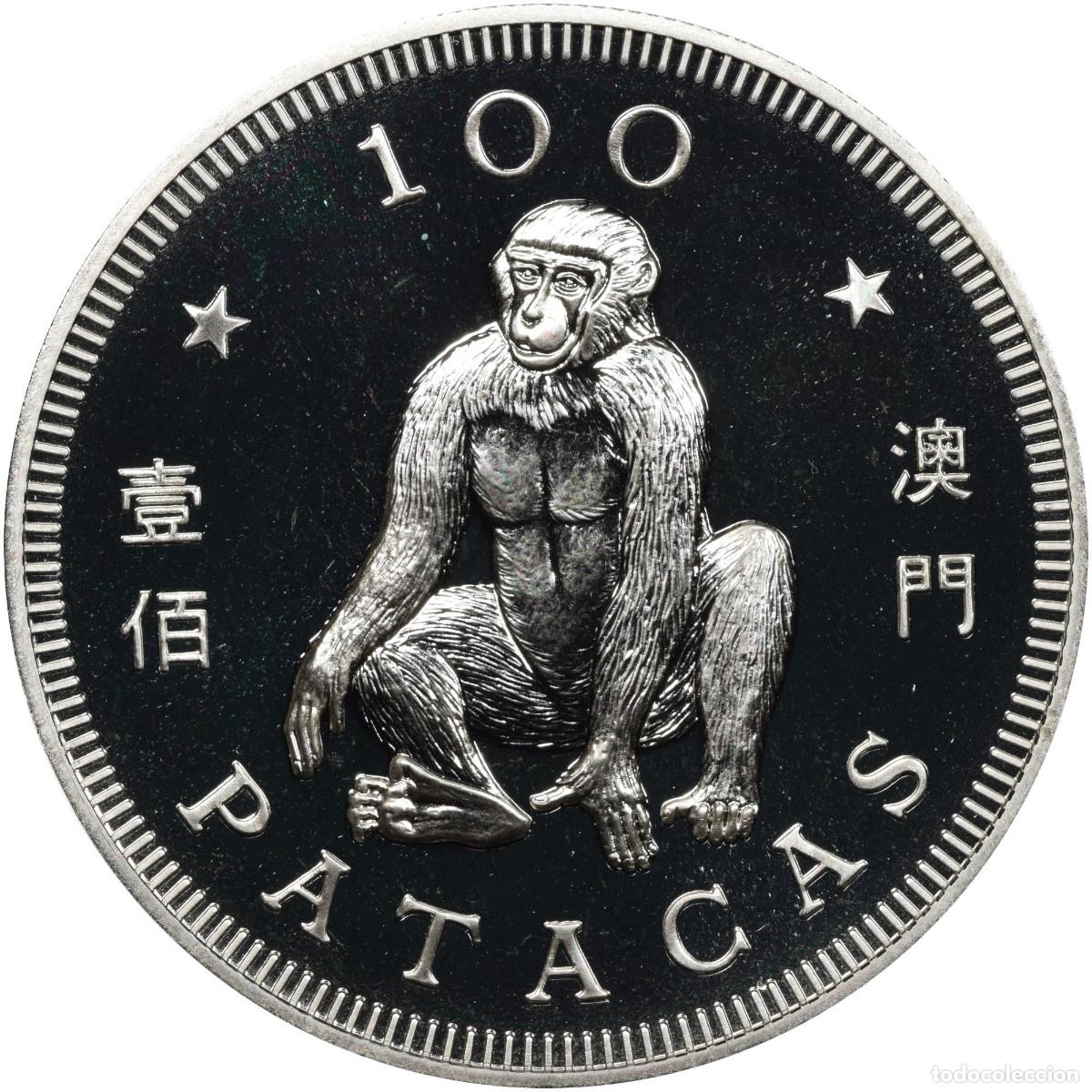 Monedas antiguas de Asia: 100 patacas plata MACAU 1992 - Calendario lunar A&Ntilde;O DEL MONO - MACAO
