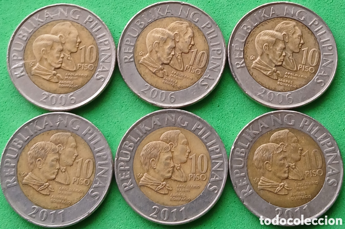 Monedas antiguas de Asia: Filipinas 10 pesos 2006/2011 &times; 6 monedas. Km#278