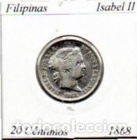 Monedas antiguas de Asia: FILIPINAS 1868 (2), 20 C&Eacute;NTIMOS, ISABEL II, AG, EBC.2 FOTOS