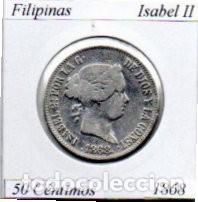 Monedas antiguas de Asia: FILIPINAS 1868, 50 C&Eacute;NTIMOS, MANILA, ISABEL II, AG, EBC, 2 FOTOS