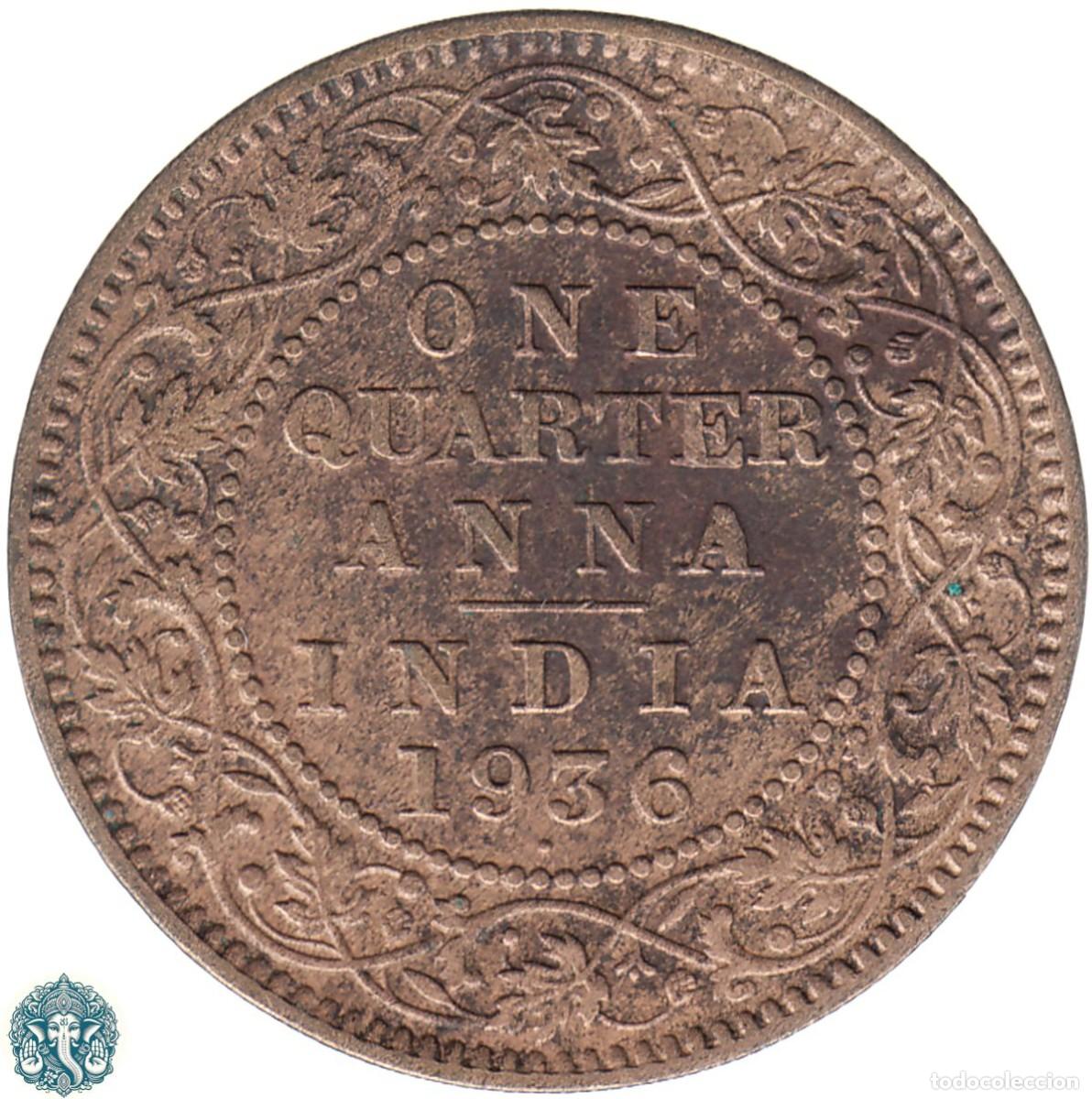 Monedas antiguas de Asia: INDIA BRIT&Aacute;NICA &frac14; Un Cuarto de Anna 1936 Ceca &bull; Bombay KM#512