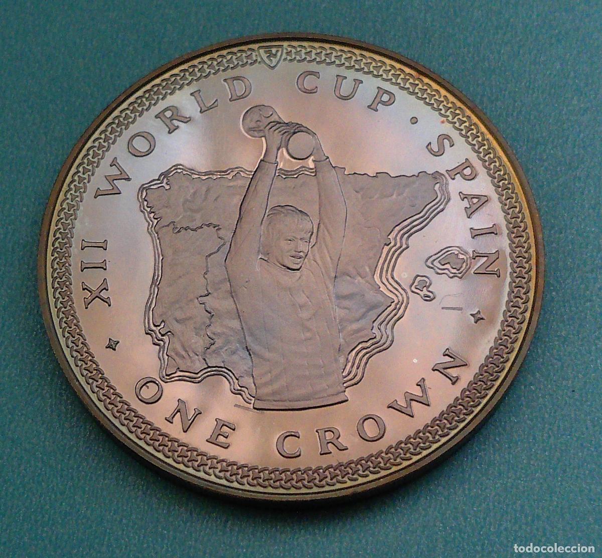 Monedas antiguas de Asia: moneda plata Espa&ntilde;a 1982 Campeonato Copa mundial futbol 1 Corona isla de Man Isabel II
