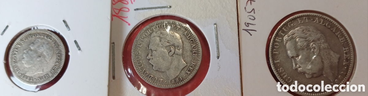 Monedas antiguas de Asia: India portuguesa lote de monedas de plata 1 rupia, media rupia y 1/4 de rupia.