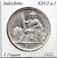Monedas antiguas de Asia: INDOCHINA 1922, 1 PIASTRE, KM-5a, AG, EBC, 2 FOTOS