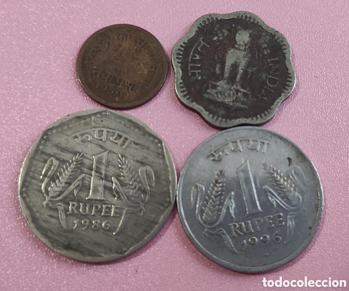 Monedas antiguas de Asia: INDIA LOTE OFERTA 4 MONEDAS 1 RUPIA 1986 1 RUPIA 1996 10 Y 1 PAISE 1957 Y1959 RESPECTIVAMENTE