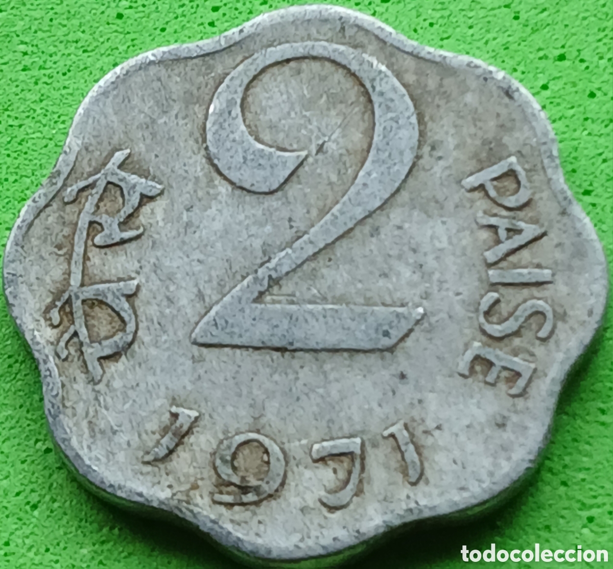 Monedas antiguas de Asia: India 2 paise 1971 km#13.5 sin marca de ceca-Calcuta