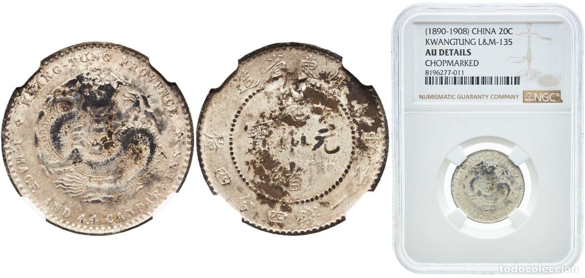 Monedas antiguas de Asia: China Kwangtung Province Empire ND (1890-1908) 20 Fen - Guangxu Silver (.800) 5.5g NGC AU Chopmarke