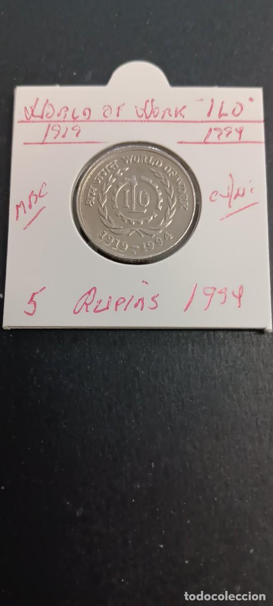 Monedas antiguas de Asia: INDIA 5 RUPIAS 1994 BC KM=155 (CUPRONIQUEL) WORLD OF WORK &rdquo;ILO&rdquo; 1919-1994