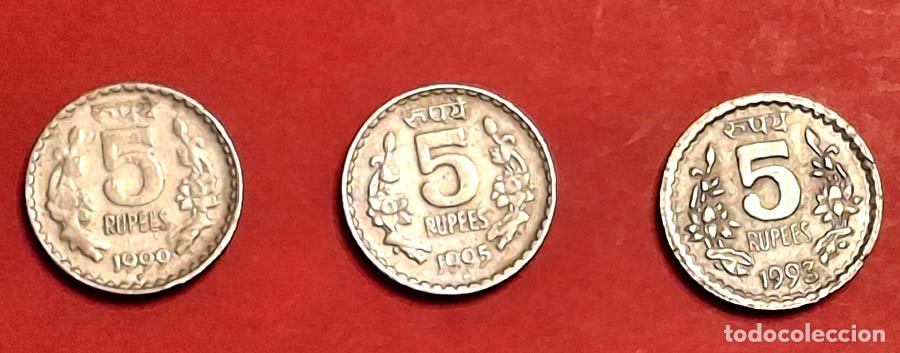 Monedas antiguas de Asia: 1993, 1995y 1999, 3 monedas de 5 rupias India