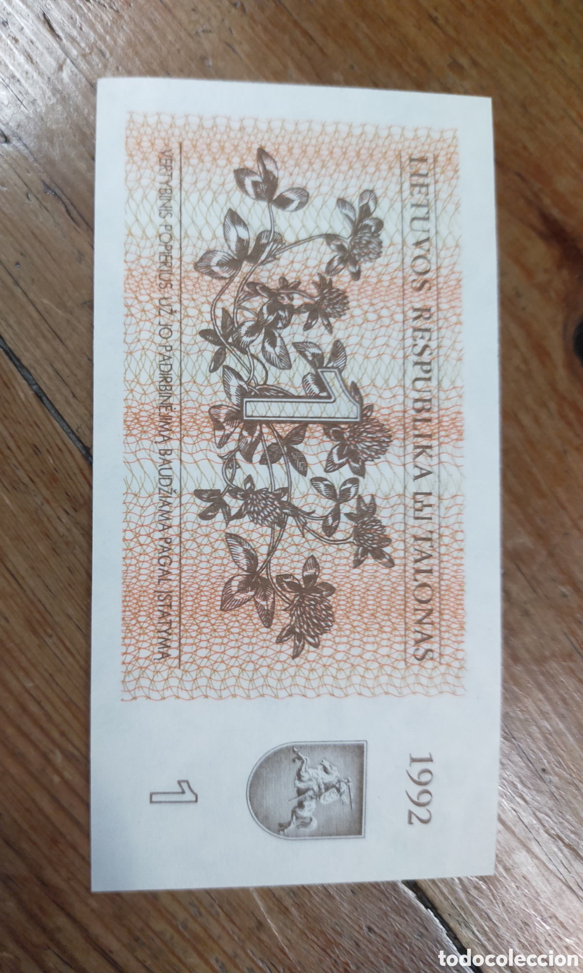 Monedas antiguas de Asia: billete de 1 talonas emitido en Lituania en el a&ntilde;o 1992.