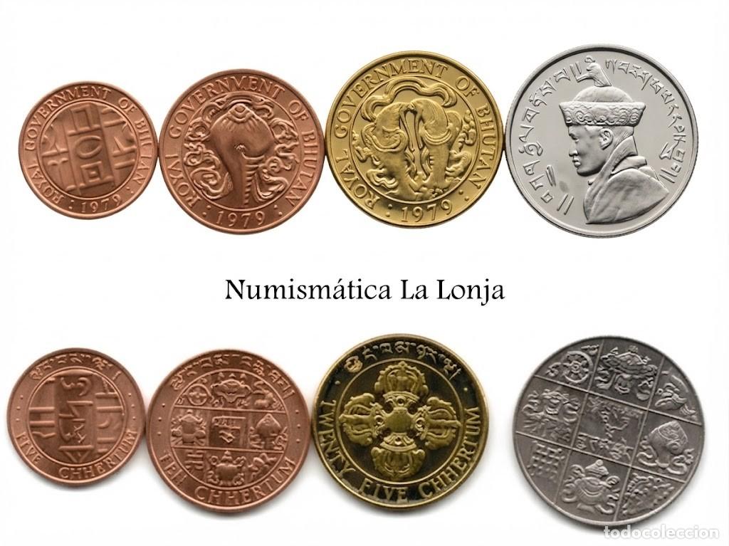 Monedas antiguas de Asia: Bhutan Set 4 Monedas 5 10 25 Chhertum 1/2 Rupia 1950-1979 Km 28-47a Sc Unc