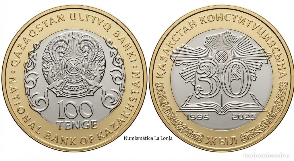 Alte M&uuml;nzen aus Asien: Kazajist&aacute;n 100 Tenge Conmemorativa 30 a&ntilde;os de la Constituci&oacute;n 2025 Km 464 Sc Unc