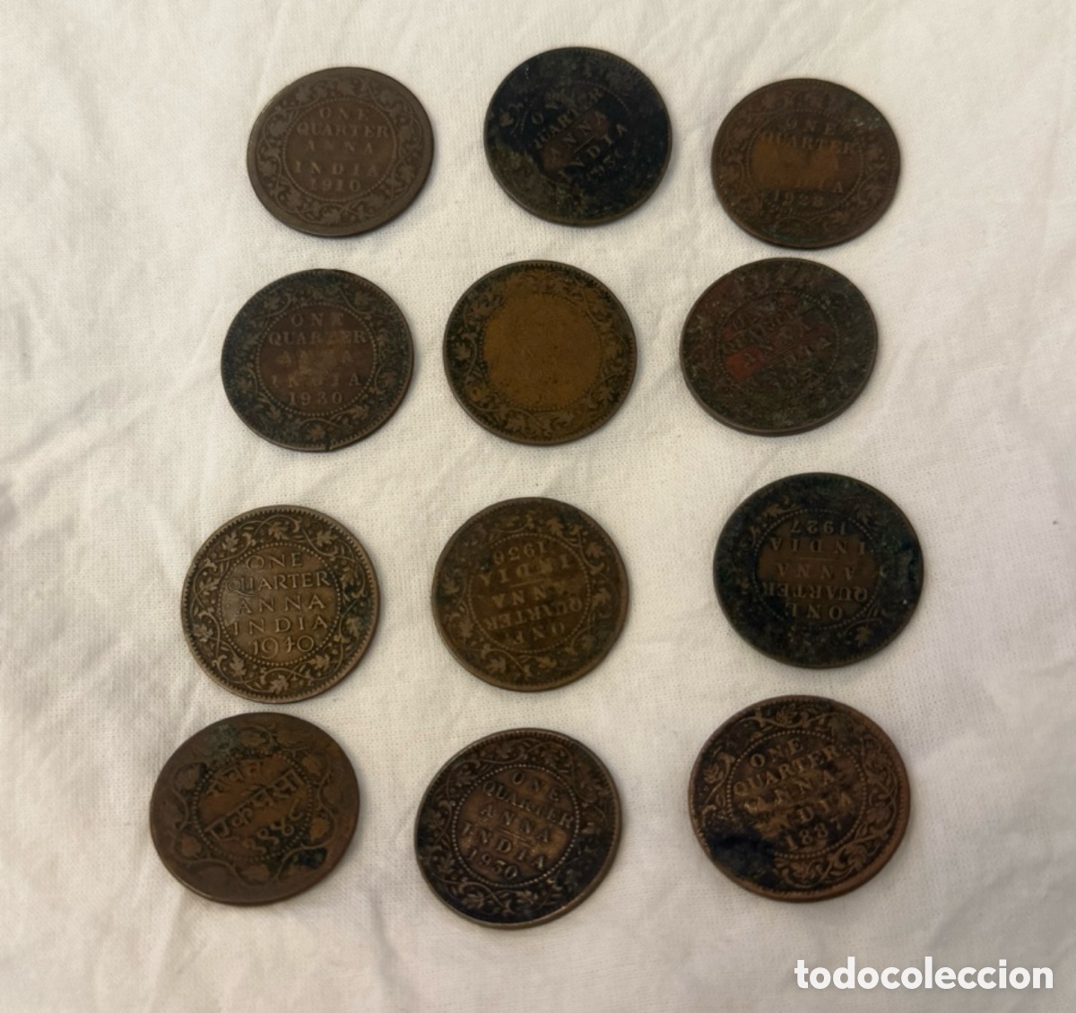 Monedas antiguas de Asia: Lote de 14 monedas de bronce India Brit&aacute;nica &ndash; One Quarter Anna &ndash; siglos XIX y XX