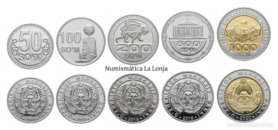 Monete antiche di Asia: Uzbekist&aacute;n Set 5 monedas 50 100 200 500 1000 Som 2018-2022 Km 36-40 Sc Unc