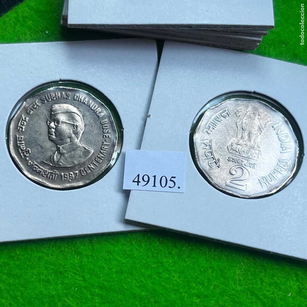 Monedas antiguas de Asia: India 2 rupias 1997 Noida, centenario nacimiento Subhas Chandra Bose, una moneda, 49105 4