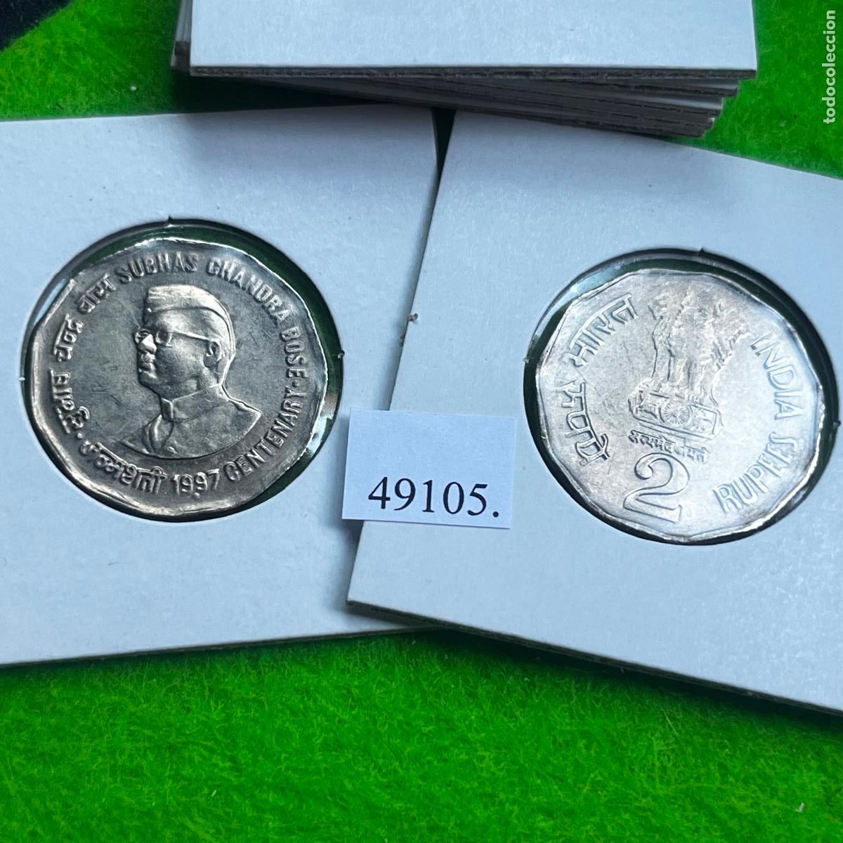Monedas antiguas de Asia: India 2 rupias 1997 Noida, centenario nacimiento Subhas Chandra Bose, una moneda, 49105 3