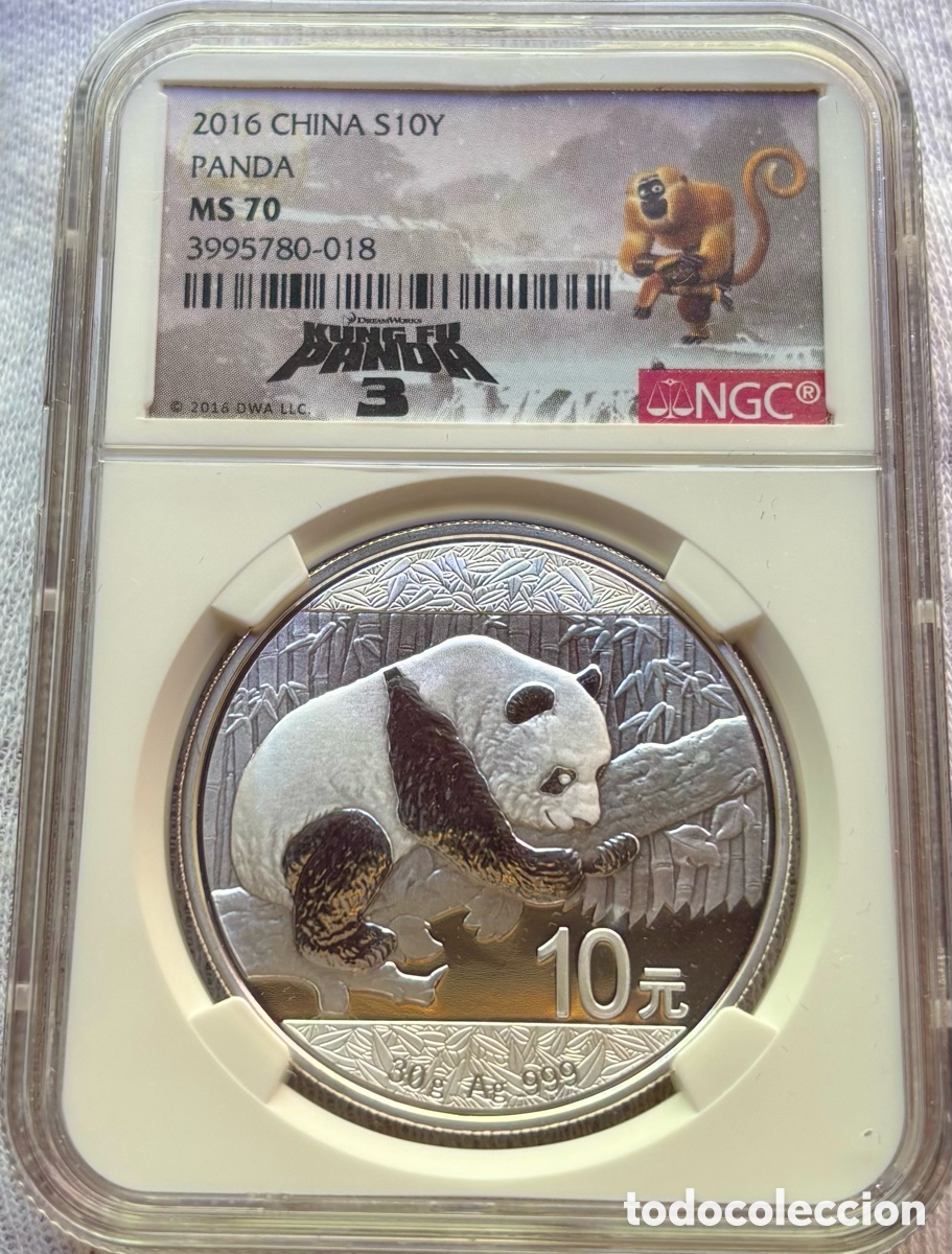 Monedas antiguas de Asia: Moneda PLATA 1 Onza CHINA 2016 Panda. 10 Yuan Oz 999. NGC MS70