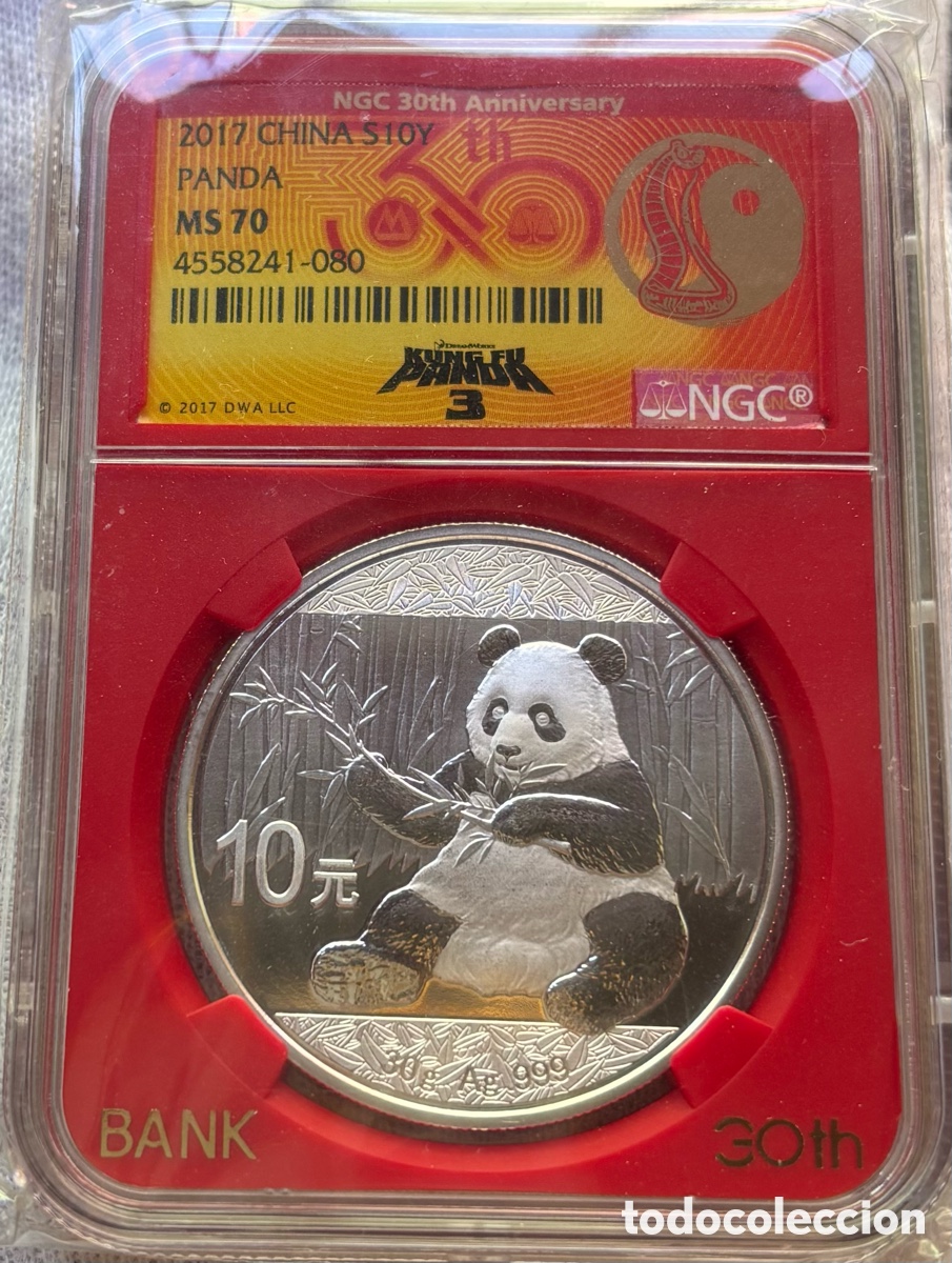 Monedas antiguas de Asia: Moneda PLATA 1 Onza CHINA 2017 Panda 10 Yuan Oz 999. NGC MS70