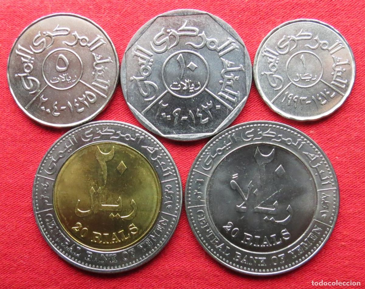 Monedas antiguas de Asia: Yemen serie 1 5 10 20 + 20 rials 1993 2004 2006 2009 UNC