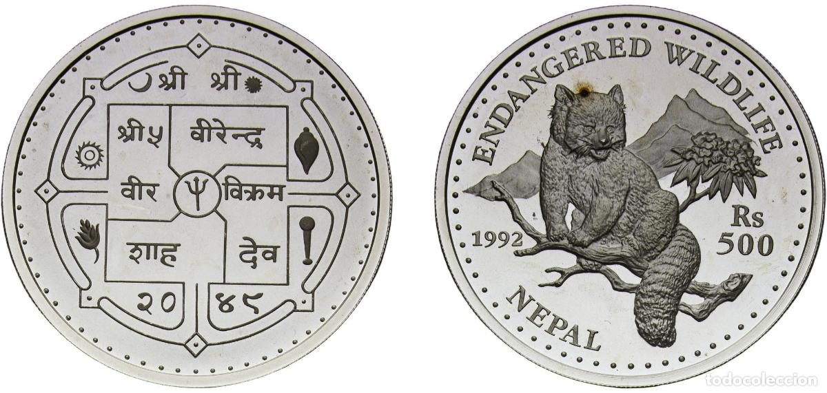 Monedas antiguas de Asia: Nepal Kingdom 2049 (1992) 500 Rupees - Birendra Bir Bikram (Red Panda) Silver (.925) Singapore Mi