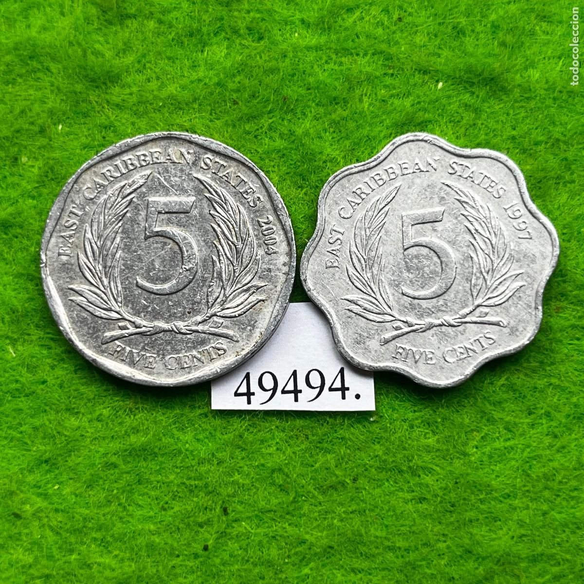 Monedas antiguas de Asia: Caribe Este Brit&aacute;nico lote 2 monedas 5 c&eacute;ntimos, distintos tipos, canto festoneado y liso