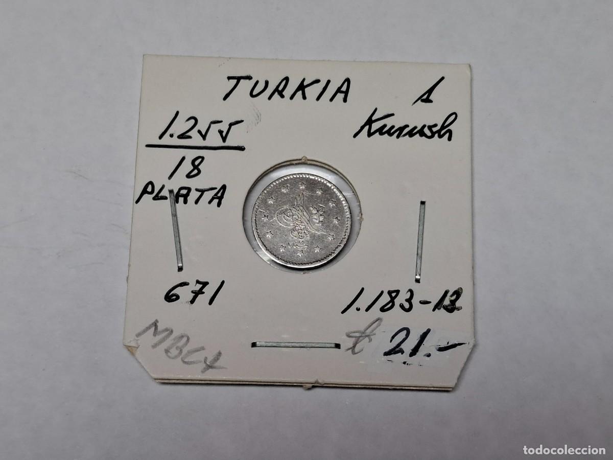 Monedas antiguas de Asia: 1 KURUSH de PLATA de 1255 18 KM 671 TURQUIA en MBC+