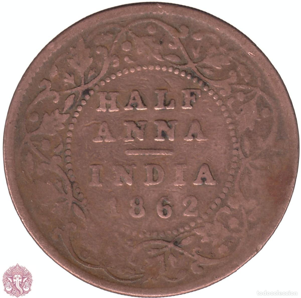 Monedas antiguas de Asia: INDIA BRIT&Aacute;NICA Media &frac12; Anna 1862 Ceca &diams; Bombay KM#468 &Oslash; 30,51mm