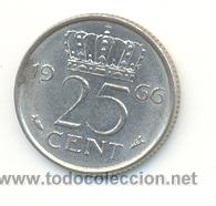 Monedas antiguas de Europa: 4-589. Holanda. 25 centimos 1966. BC - Foto 1