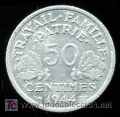 Monedas antiguas de Europa: FRANCIA: 50 Centimos 1944 B - Foto 1