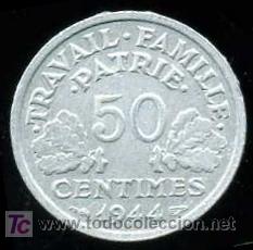 Monedas antiguas de Europa: FRANCIA: 50 Centimos 1944 - Foto 1