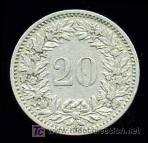 Monedas antiguas de Europa: SUIZA : 20 Rapen 1883 - Foto 2