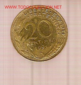 Monedas antiguas de Europa: 20 c&eacute;ntimos. Francia. 1991. - Foto 1